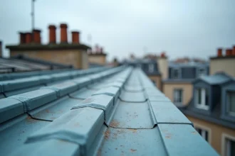 Gros plan sur une surface de zinc patiné avec oxydation naturelle bleue-grise sur un toit parisien
