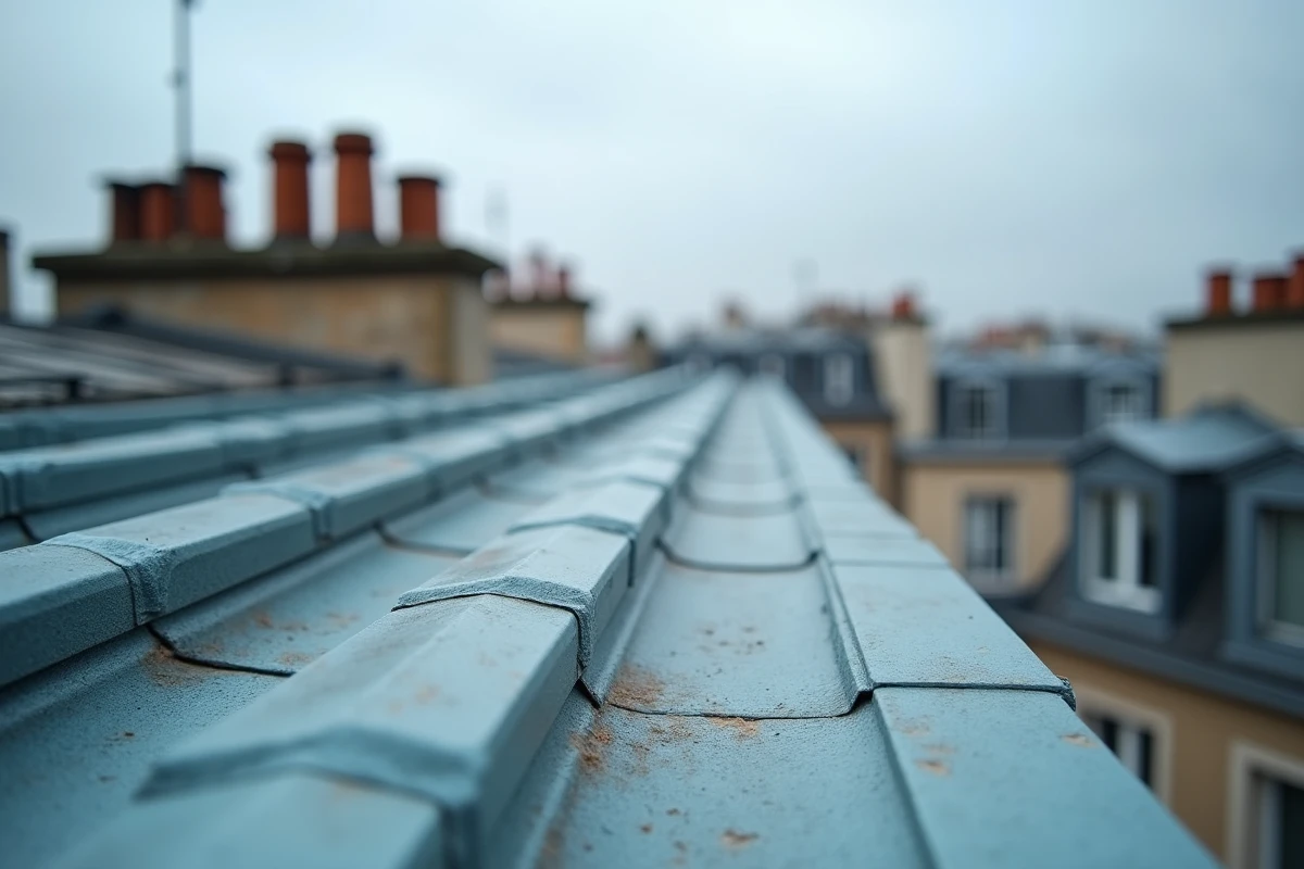 Gros plan sur une surface de zinc patiné avec oxydation naturelle bleue-grise sur un toit parisien