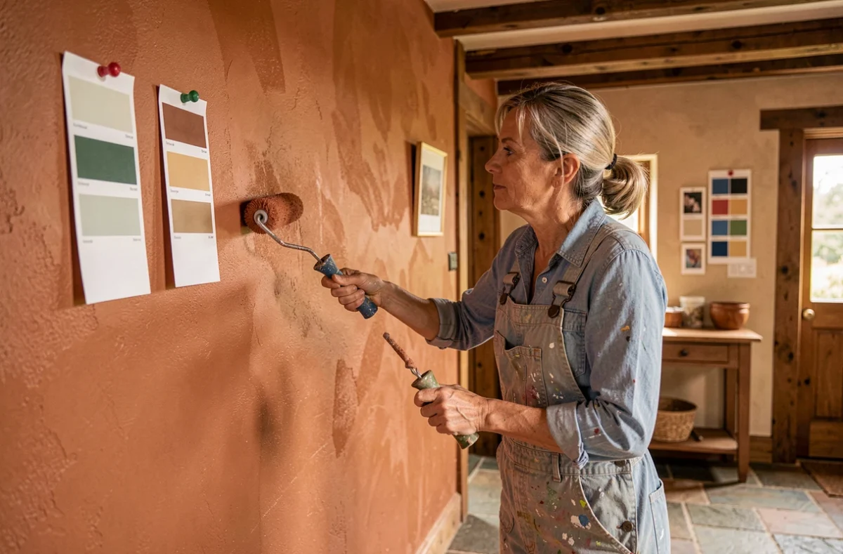 Peintre de Peintre et Couleur du Berry appliquant une peinture ocre dans une ferme berrichonne rénovée