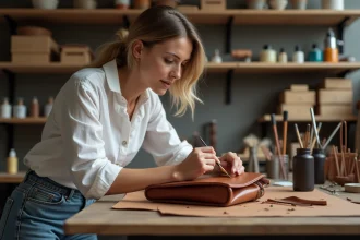 Femme peignant un sac en cuir dans un atelier créatif