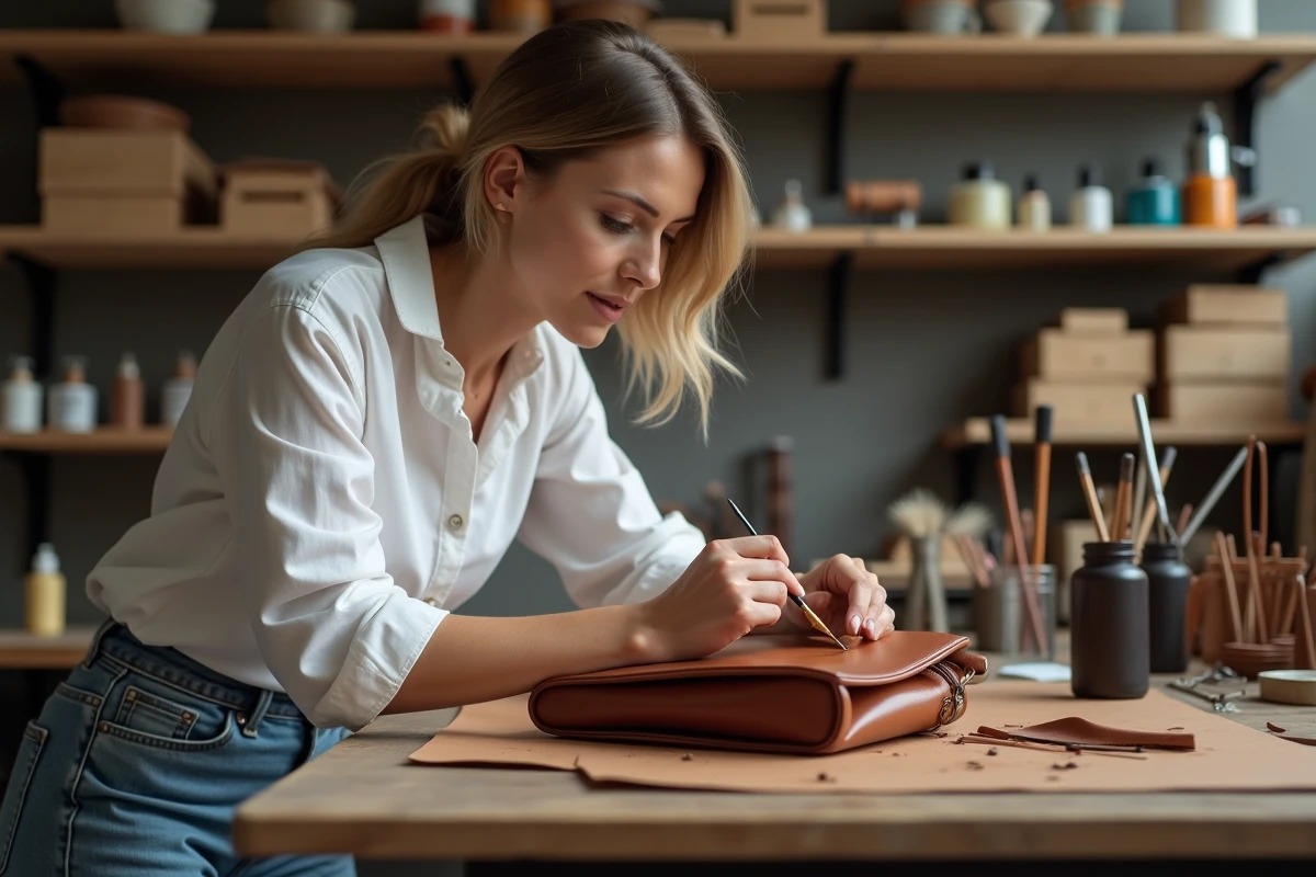 Femme peignant un sac en cuir dans un atelier créatif