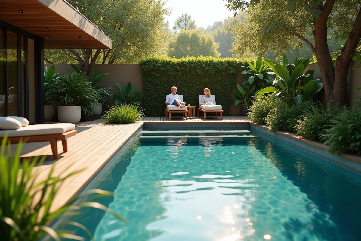 Petit bassin de jardin moderne avec détente et plantes vertes