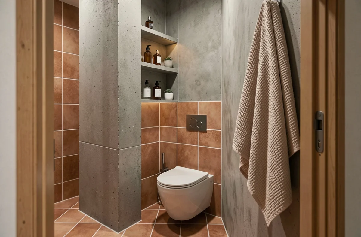 Petite salle d'eau aménagée avec une colonne de rangement sur mesure en béton cellulaire et des étagères encastrées