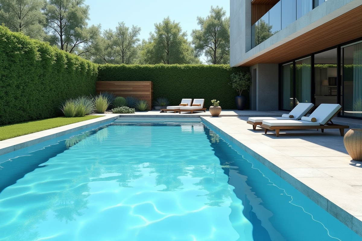 Piscine moderne bleu clair dans un jardin bien entretenu