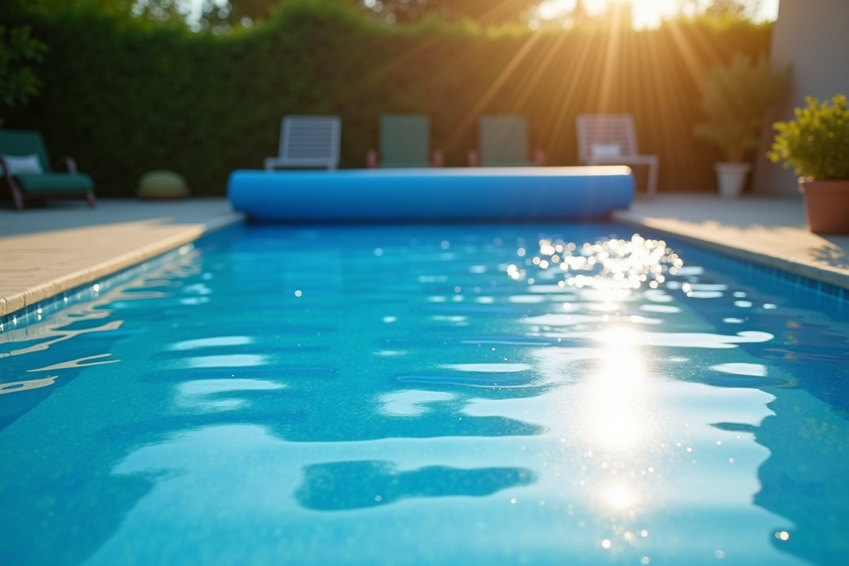 Piscine extérieure avec couverture solaire bleue en matinée