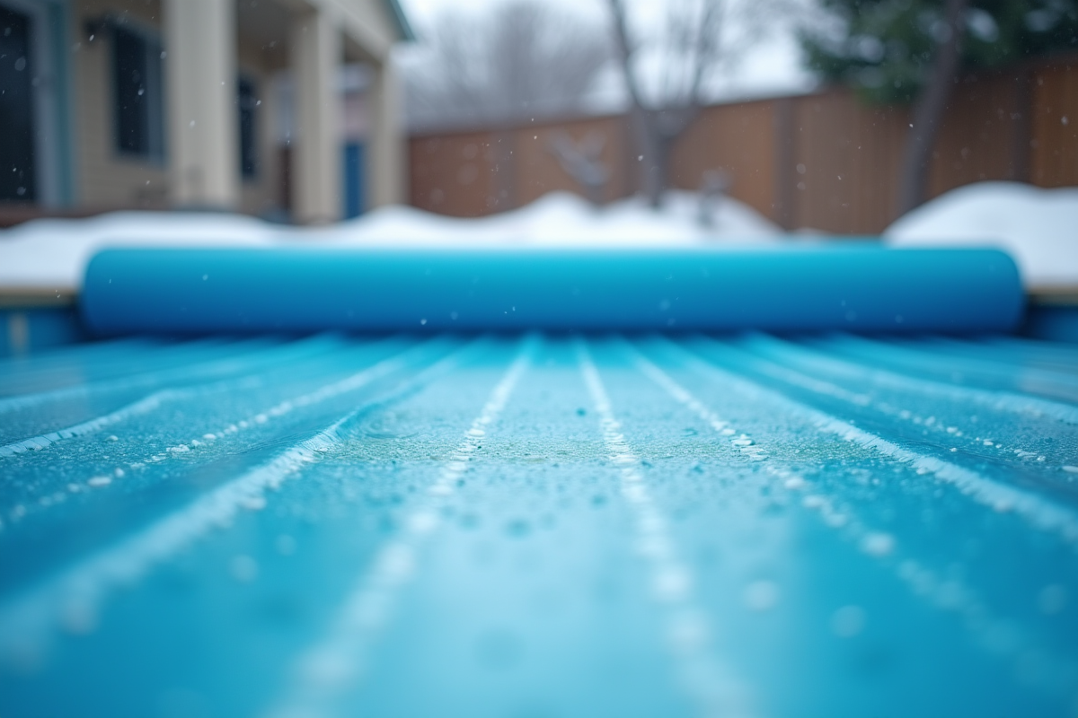 Piscine d'hiver couverte avec protection et neige légère