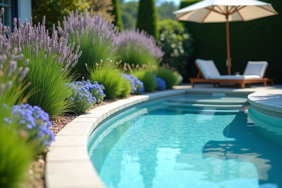 Piscine moderne entourée de verdure et de lavande en fleurs