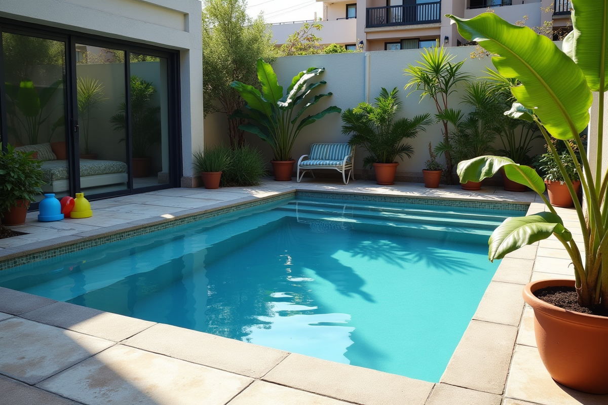 Piscine urbaine compacte avec plantes et jouets d