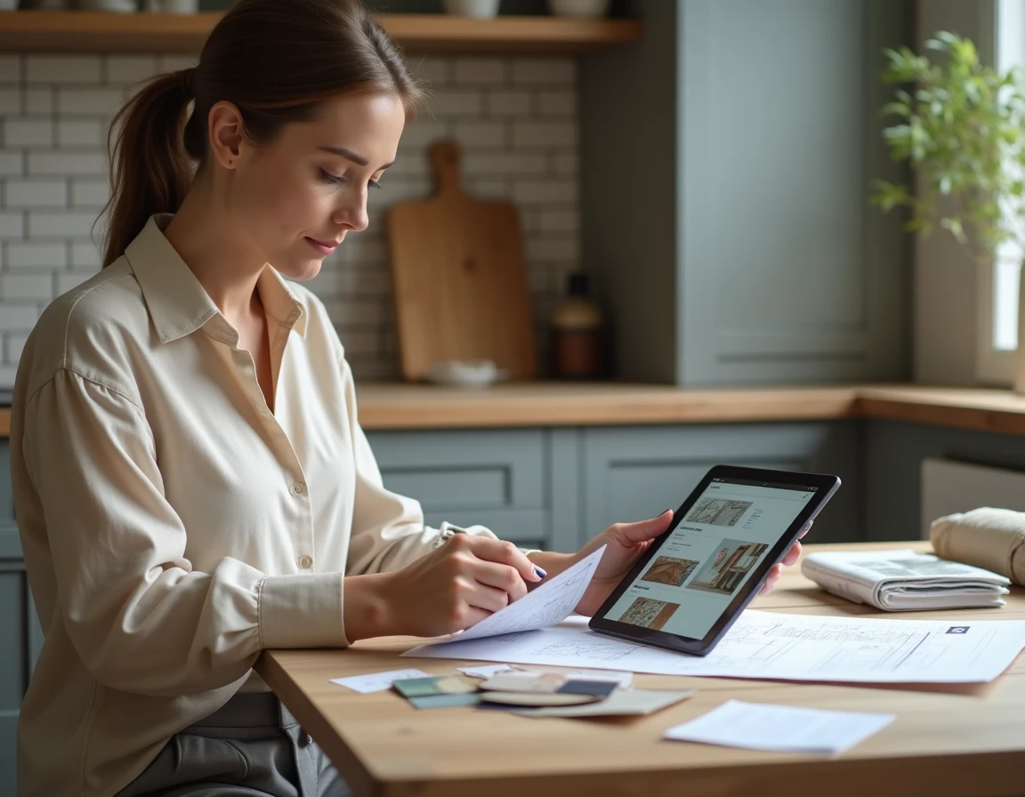 Femme consultant des plans de rénovation et échantillons de matériaux sur une table, planification d'un projet de rénovation immobilière