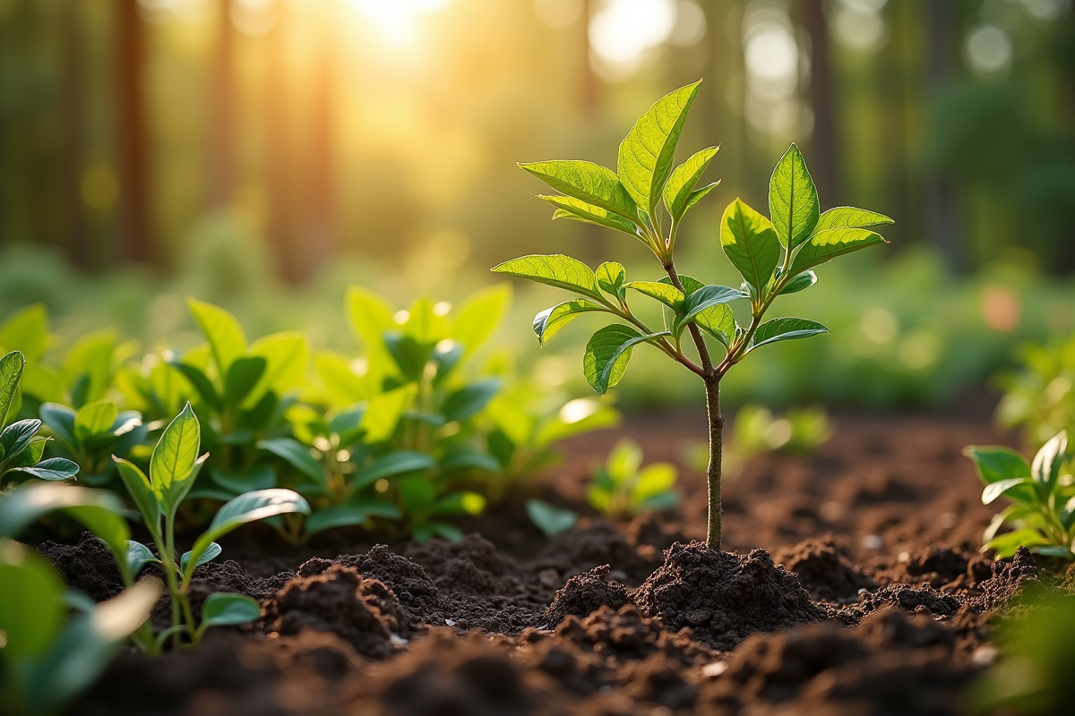 Jeune arbre fruitier planté dans un jardin permaculture avec plantes compagnes