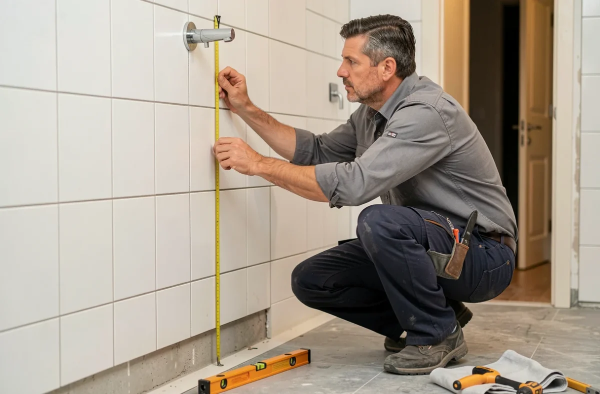 Plombier mesurant la hauteur idéale pour l'installation d'un mitigeur de douche dans une petite salle de bains en rénovation