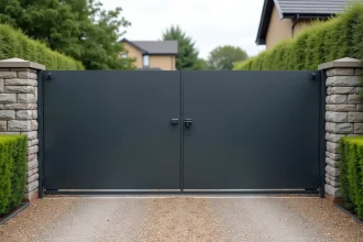 Portail en tôle d'acier anthracite installé à l'entrée d'une maison avec piliers en pierre et allée gravillonnée