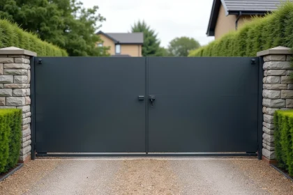 Portail en tôle d'acier anthracite installé à l'entrée d'une maison avec piliers en pierre et allée gravillonnée
