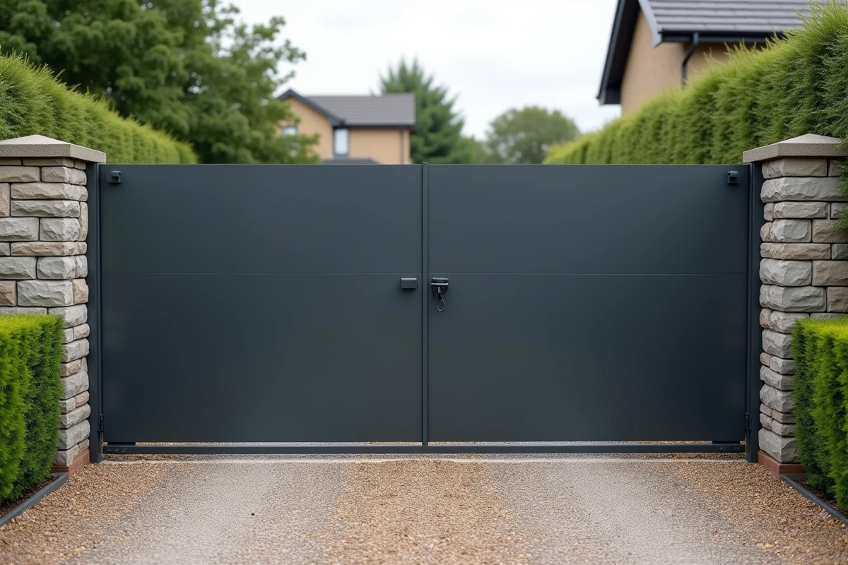 Portail en tôle d'acier anthracite installé à l'entrée d'une maison avec piliers en pierre et allée gravillonnée