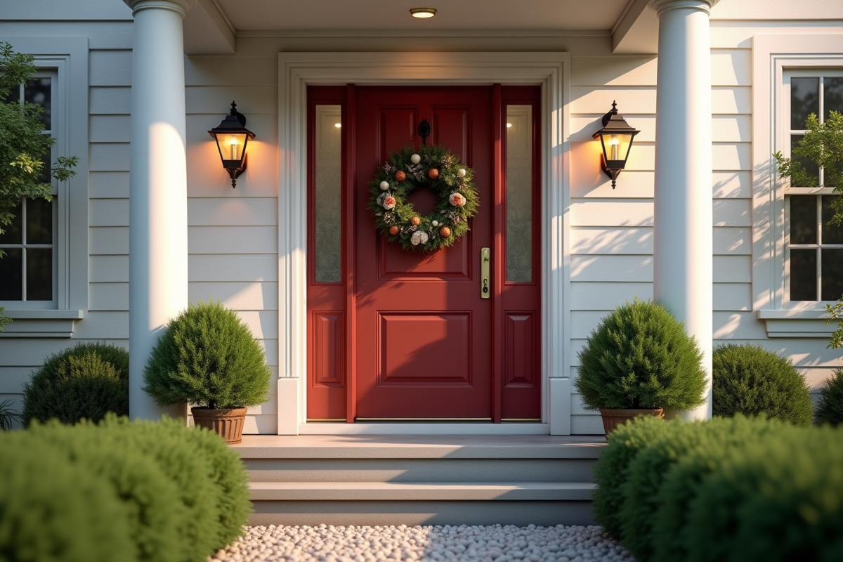 Entrée de maison classique avec porte peinte et guirlande saisonniere