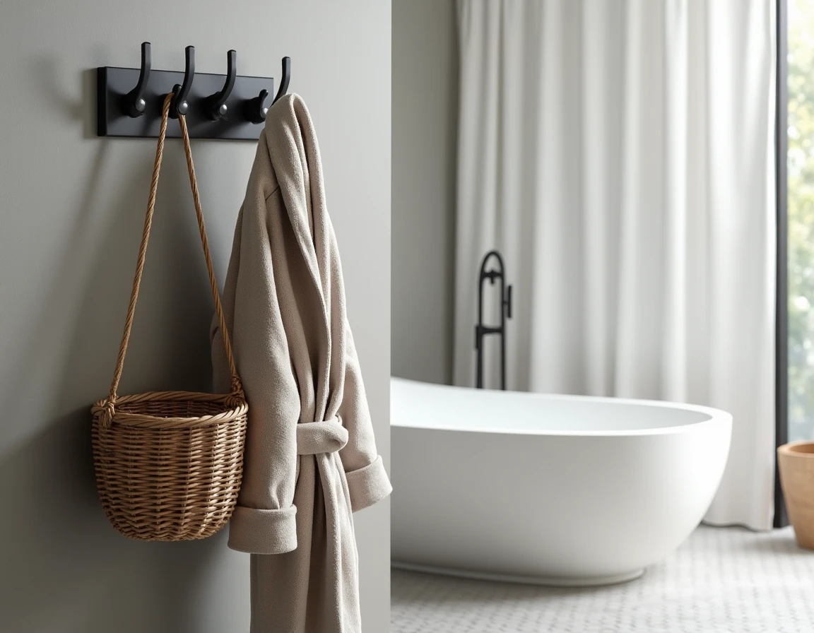Porte manteau en métal noir mat fixé au mur en béton d'une salle de bain minimaliste avec peignoir accroché