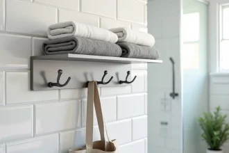 Porte manteau mural en métal brossé installé sur carrelage blanc dans une salle de bain moderne avec serviettes accrochées