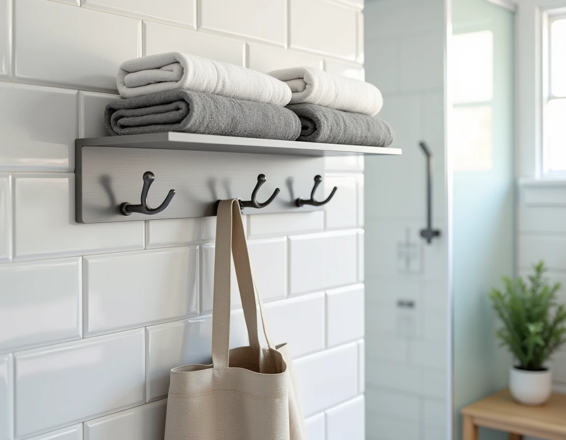 Porte manteau mural en métal brossé installé sur carrelage blanc dans une salle de bain moderne avec serviettes accrochées