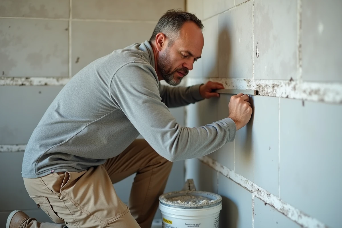 Artisan carreleur posant des carreaux rectangulaires en format horizontal sur un mur de salle de bain en rénovation