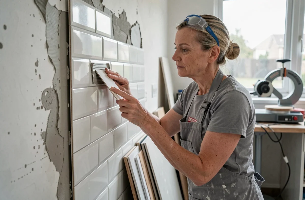 Pose de carrelage mural en faïence blanche dans une cuisine en rénovation par une carreleure