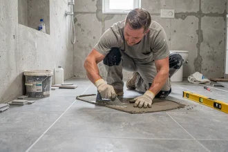 Carreleur professionnel posant du carrelage grand format au sol dans une salle de bain en rénovation