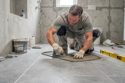 Carreleur professionnel posant du carrelage grand format au sol dans une salle de bain en rénovation