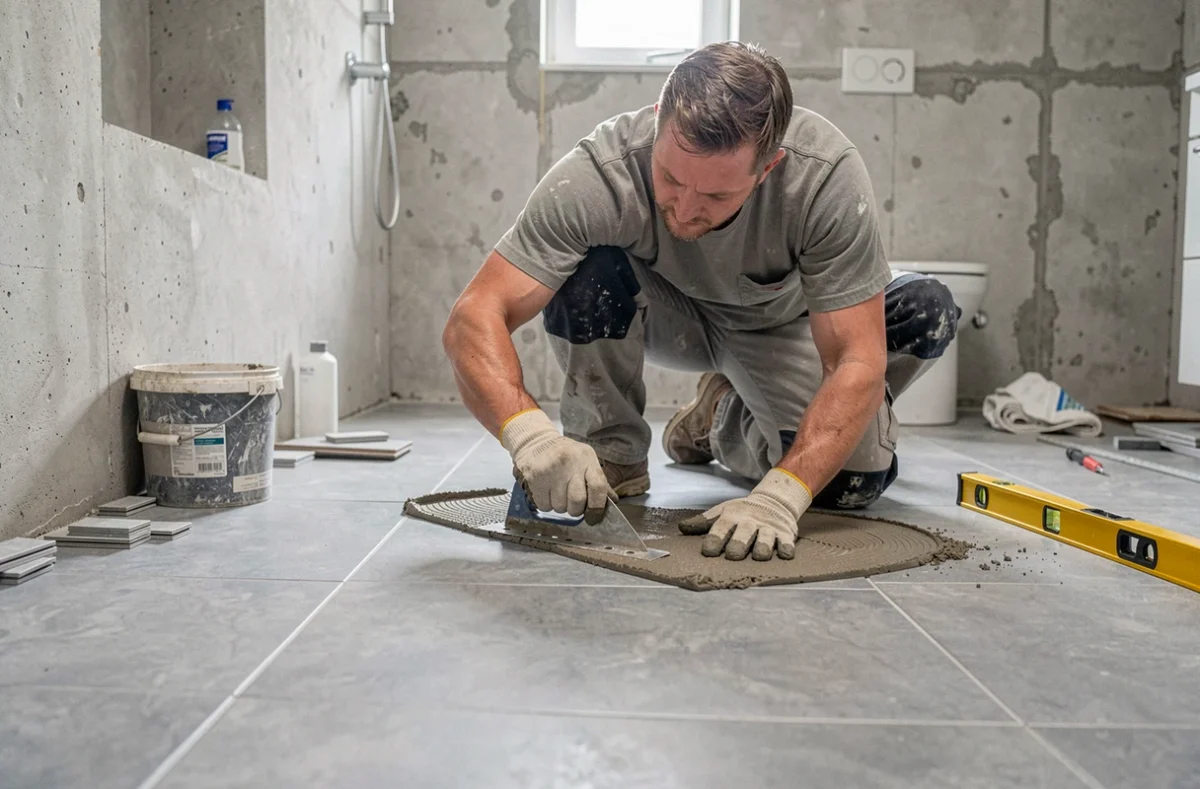 Carreleur professionnel posant du carrelage grand format au sol dans une salle de bain en rénovation