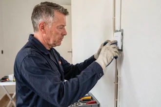 Électricien professionnel posant un interrupteur poussoir Legrand sur un mur blanc dans un appartement moderne
