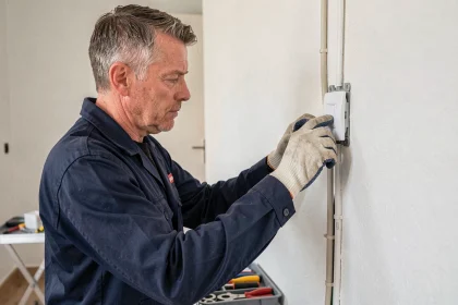 Électricien professionnel posant un interrupteur poussoir Legrand sur un mur blanc dans un appartement moderne