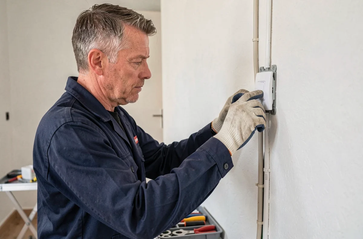 Électricien professionnel posant un interrupteur poussoir Legrand sur un mur blanc dans un appartement moderne