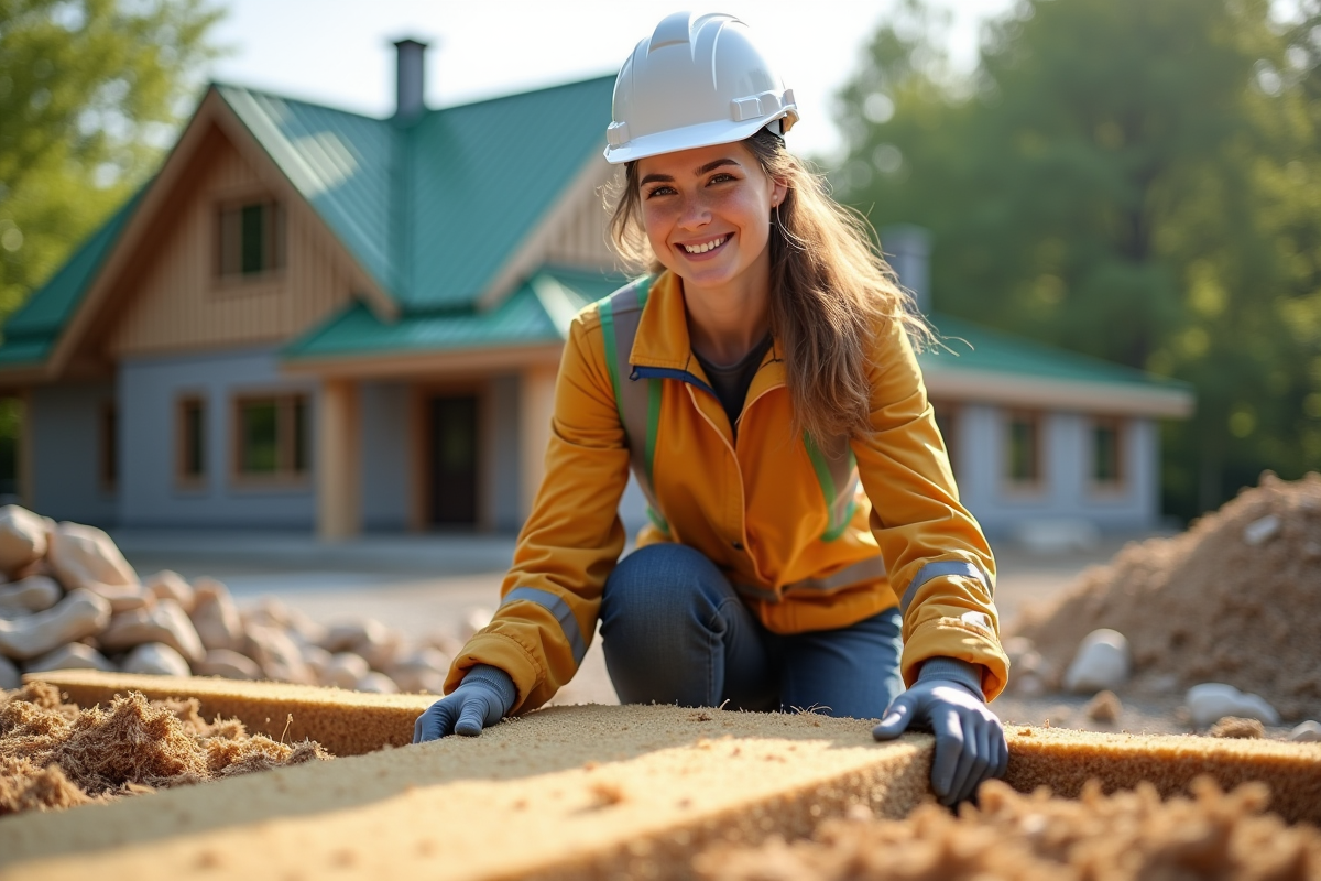 Ouvrière posant panneau d