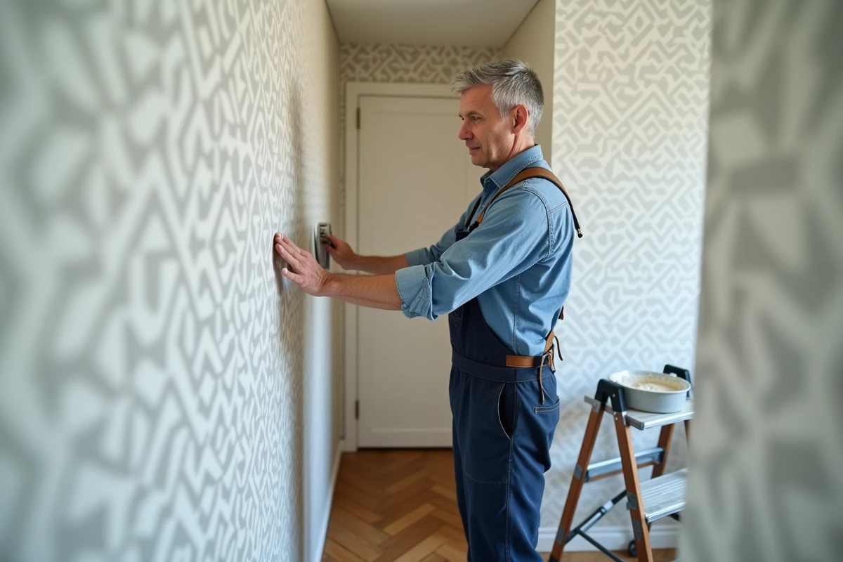 Artisan posant un lé de papier peint géométrique sur un mur en faisant correspondre les raccords pour minimiser les pertes et chutes