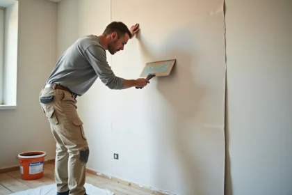 Poseur appliquant une toile en fibre de verre sur un mur intérieur avec une spatule large