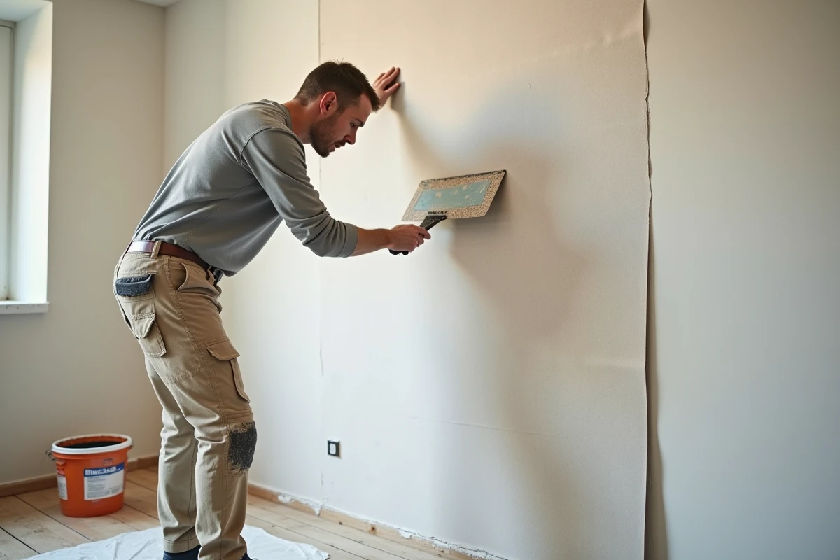 Poseur appliquant une toile en fibre de verre sur un mur intérieur avec une spatule large