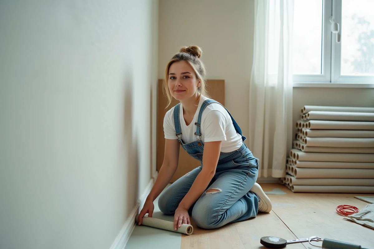 Femme lissant une toile en fibre de verre fraîchement posée sur un mur en rénovation