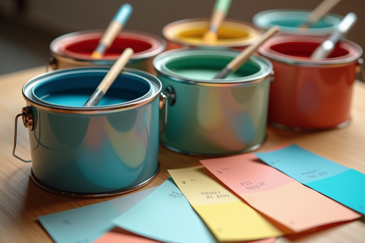 Gros plan sur pots de peinture couleurs 2025 et échantillons