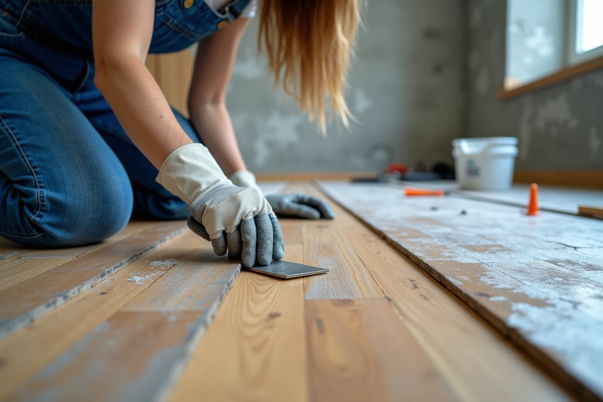 Préparation d'un plancher en chêne ancien avant ragréage, avec rebouchage des fissures et nettoyage de la surface