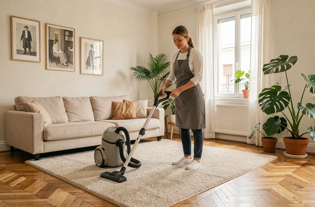 Prestataire de ménage passant l'aspirateur dans un salon d'appartement à Évry