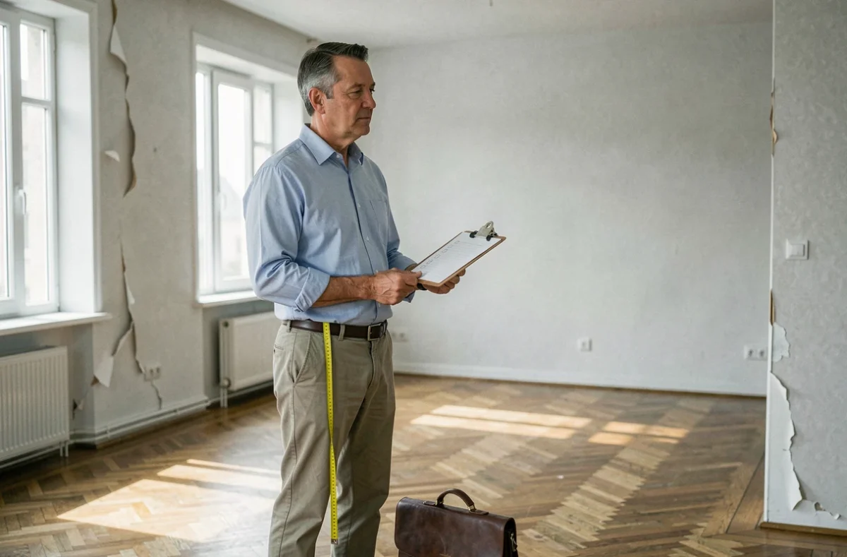 Propriétaire bailleur inspectant un appartement vide avec un clipboard avant de choisir une assurance habitation