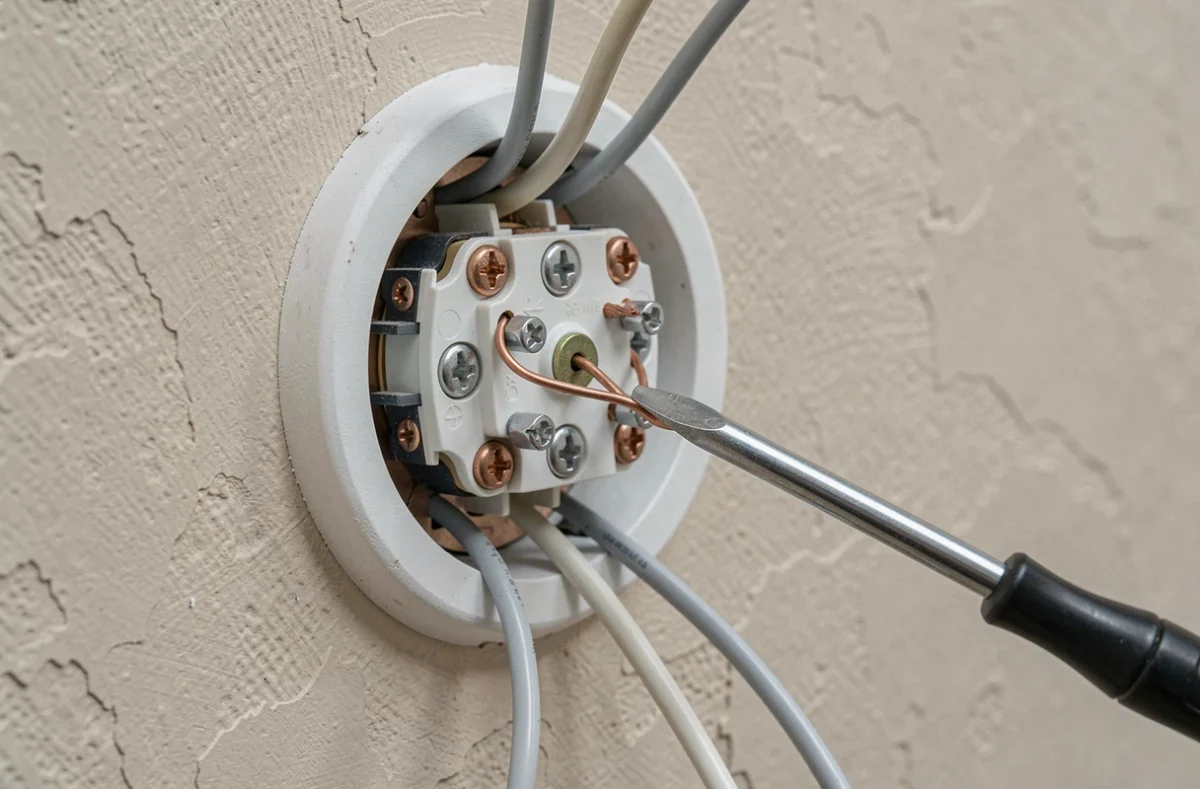 Gros plan sur le raccordement des fils électriques dans un interrupteur poussoir Legrand en cours de montage