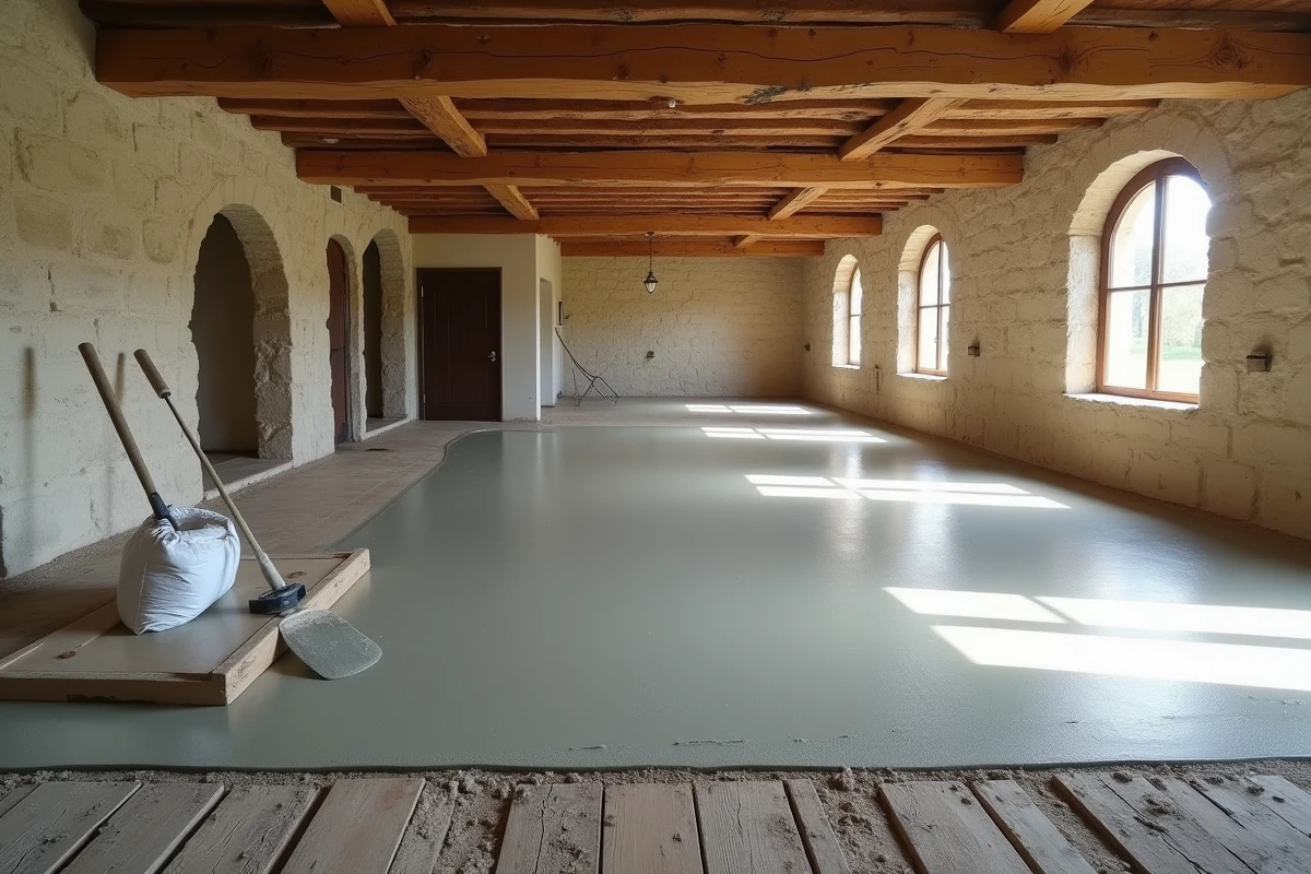 Ragréage fraîchement appliqué en train de sécher sur un vieux plancher en bois dans une maison de campagne en cours de rénovation
