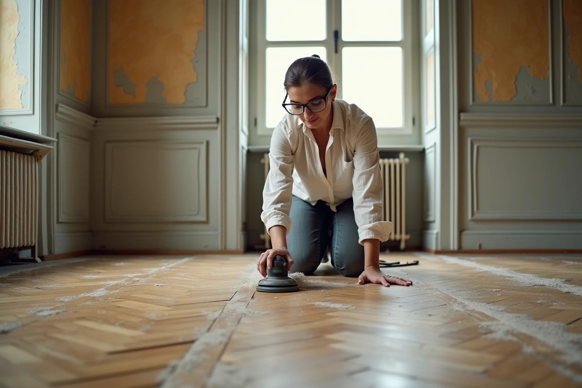 Femme ponçant un parquet ancien dans un appartement en cours de rénovation