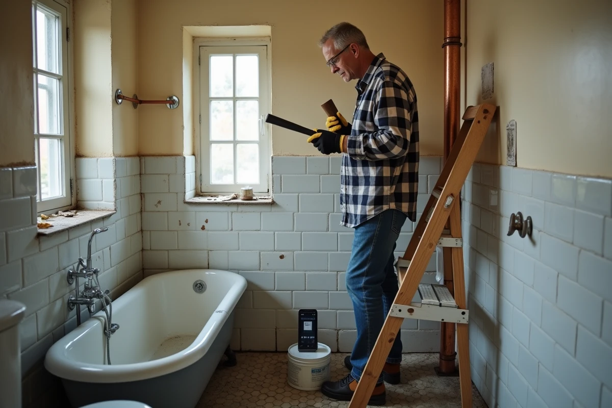 Homme suivant des conseils DIY en ligne pour retirer des carreaux dans une salle de bain ancienne