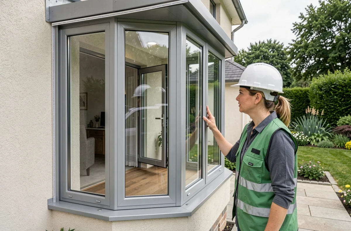 Spécialiste de Renovation Et Veranda De L'Anjou inspectant une baie vitrée PVC donnant sur une véranda moderne