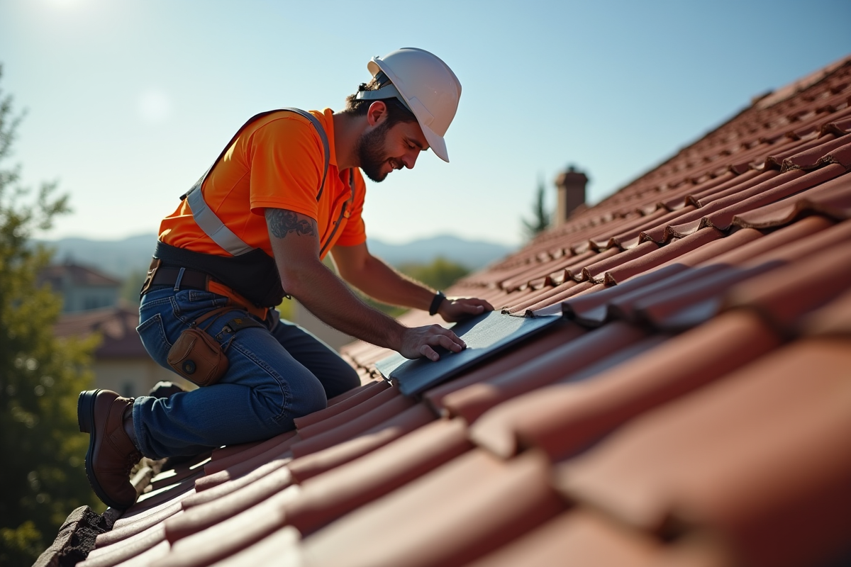 Ouvrier en sécurité travaillant sur un toit résidentiel