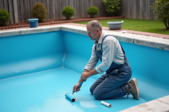 Ouvrier en tenue de travail peignant une piscine en béton vide