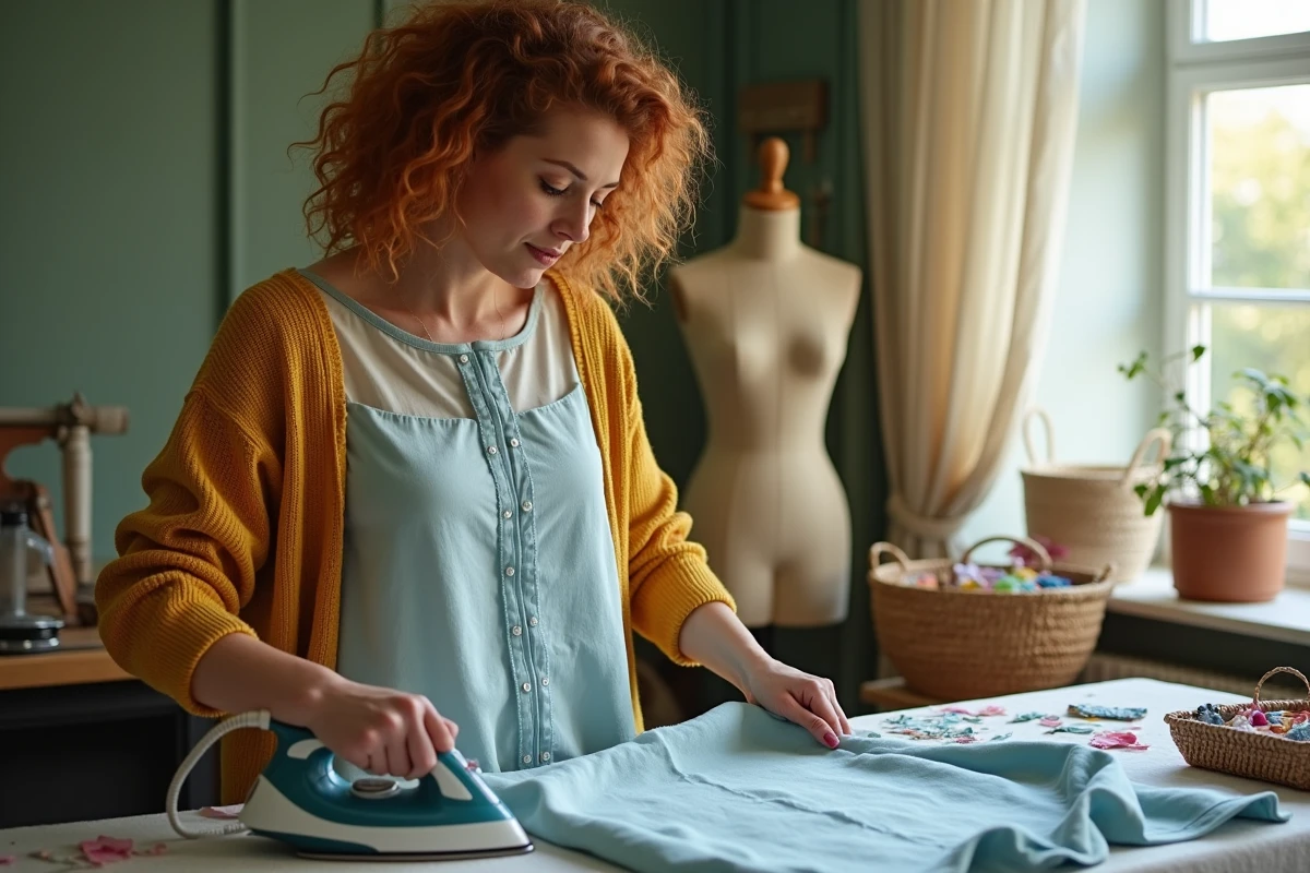 Femme repassant les coutures d'un chemisier fait main sur une planche à repasser dans un atelier de couture décoré avec mannequin vintage