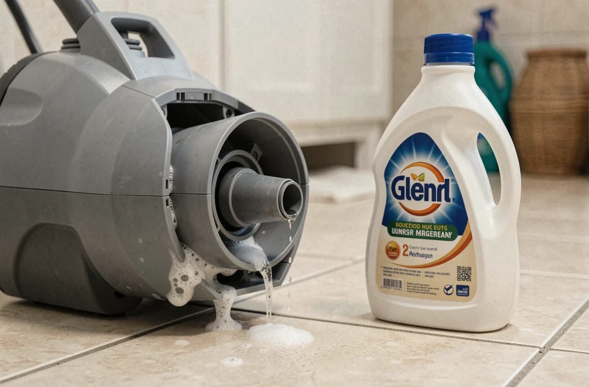 Gros plan sur le réservoir d'une shampouineuse ouvert avec une bouteille de lessive posée à côté, montrant le risque de mauvais produit dans la machine
