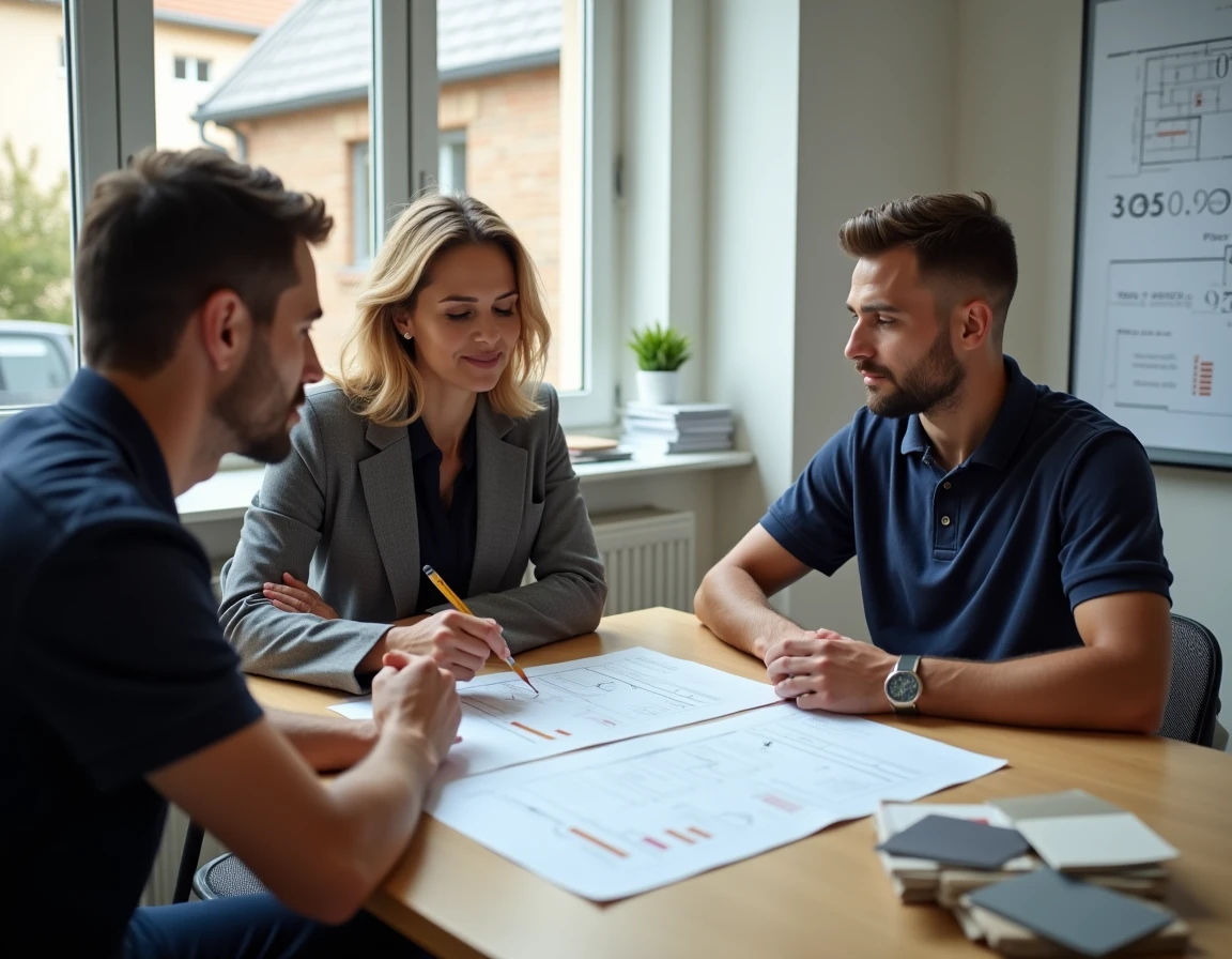 Couple d'investisseurs discutant un devis de rénovation locative avec un entrepreneur autour d'une table