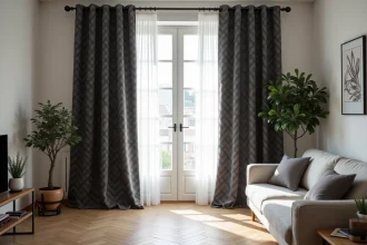 Rideau occultant à motif géométrique gris anthracite dans un salon scandinave moderne avec parquet clair